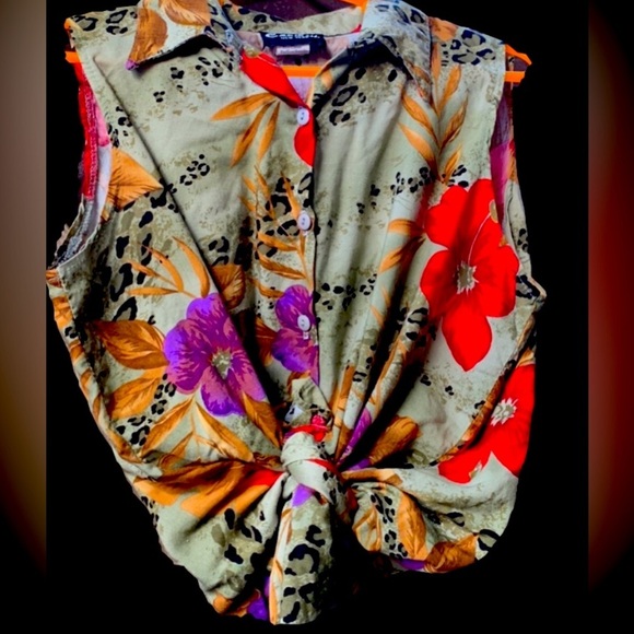 90s Vintage Leopard Tropical Floral Button Up Sleeveless Top Size Medium/Large - Picture 1 of 15